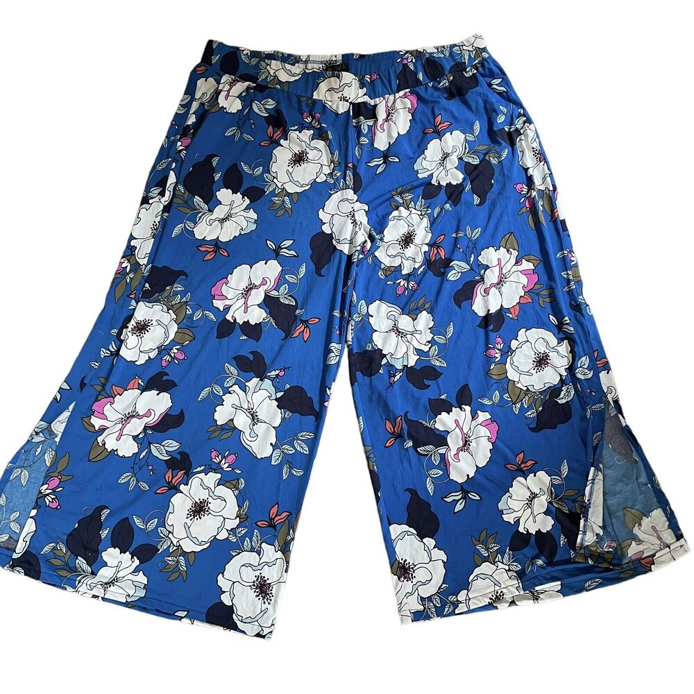 G.I.L.I. Jetsetter Side Slit Pants Sz‎ 2X Plus Pockets Blue Floral Stretch knit